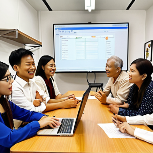 **

> A team brainstorming ideas for a voice interface app for elderly Thai users. The scene is a modern office space in Bangkok, with team members of diverse backgrounds (linguist, psychologist, musician) collaborating around a table.  Focus on the warm, inclusive atmosphere and the goal of creating an easy-to-use and safe voice interface for seniors.  Consider incorporating Thai cultural elements subtly in the background (artwork, decor).

**