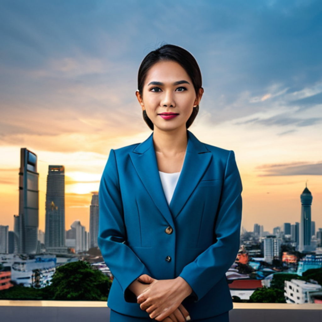 **
"A professional Thai woman, dressed in a modern, modest business suit, standing in front of the Bangkok skyline at sunset, fully clothed, appropriate attire, safe for work, perfect anatomy, natural proportions, professional photography, high quality, family-friendly."
**