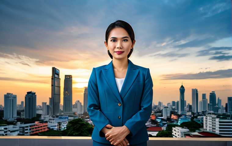 **

"A professional Thai woman, dressed in a modern, modest business suit, standing in front of the Bangkok skyline at sunset, fully clothed, appropriate attire, safe for work, perfect anatomy, natural proportions, professional photography, high quality, family-friendly."

**