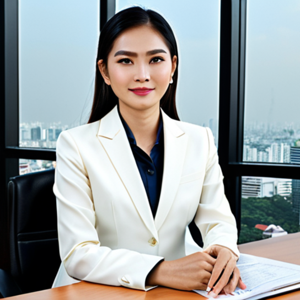 **
"A professional Thai businesswoman in a modest, tailored traditional Thai silk business suit, sitting at a desk in a modern Bangkok office with a cityscape view, fully clothed, appropriate attire, safe for work, perfect anatomy, natural proportions, professional photography, high quality, family-friendly."
**