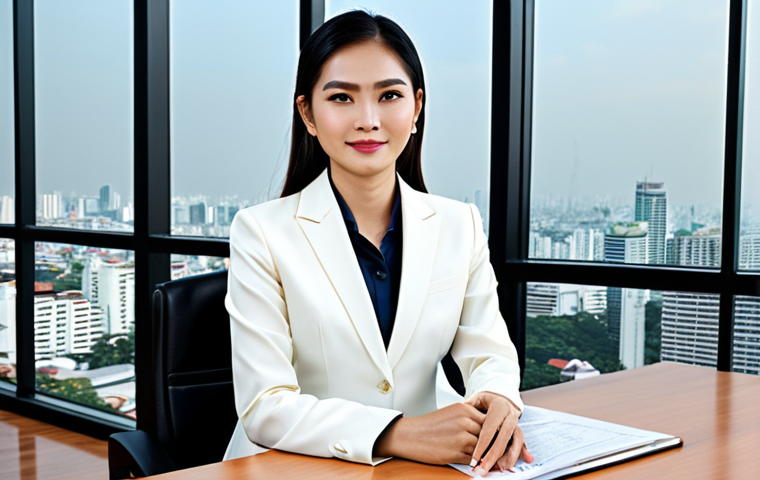 **
"A professional Thai businesswoman in a modest, tailored traditional Thai silk business suit, sitting at a desk in a modern Bangkok office with a cityscape view, fully clothed, appropriate attire, safe for work, perfect anatomy, natural proportions, professional photography, high quality, family-friendly."
**