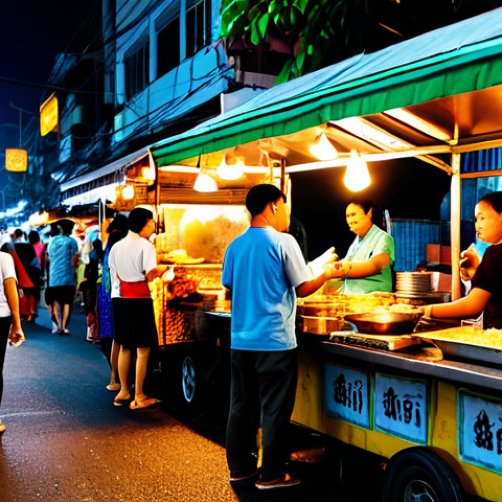 **A vibrant street food scene in Bangkok at night.** Many food stalls are brightly lit, offering delicious Thai dishes. People are enjoying the food. *Keywords: Bangkok, street food, night market, Thai cuisine, delicious, vibrant, safe for work.*