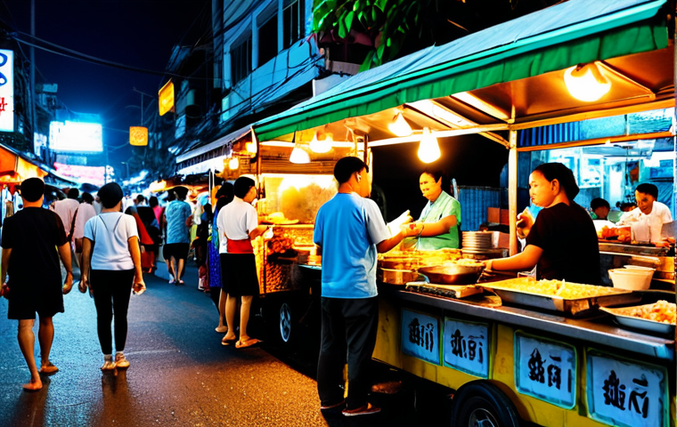 **A vibrant street food scene in Bangkok at night.** Many food stalls are brightly lit, offering delicious Thai dishes. People are enjoying the food. *Keywords: Bangkok, street food, night market, Thai cuisine, delicious, vibrant, safe for work.*