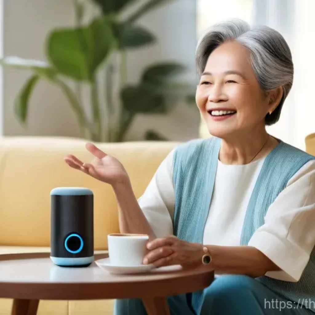 음성 인터페이스 설계에서의 다국어 지원 - **Prompt:** A serene and brightly lit living room, featuring a smiling elderly Thai woman in her lat...