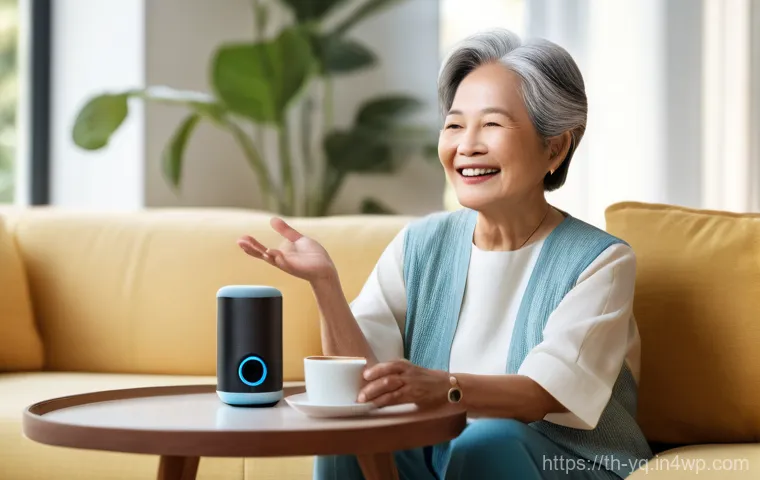 음성 인터페이스 설계에서의 다국어 지원 - **Prompt:** A serene and brightly lit living room, featuring a smiling elderly Thai woman in her lat...
