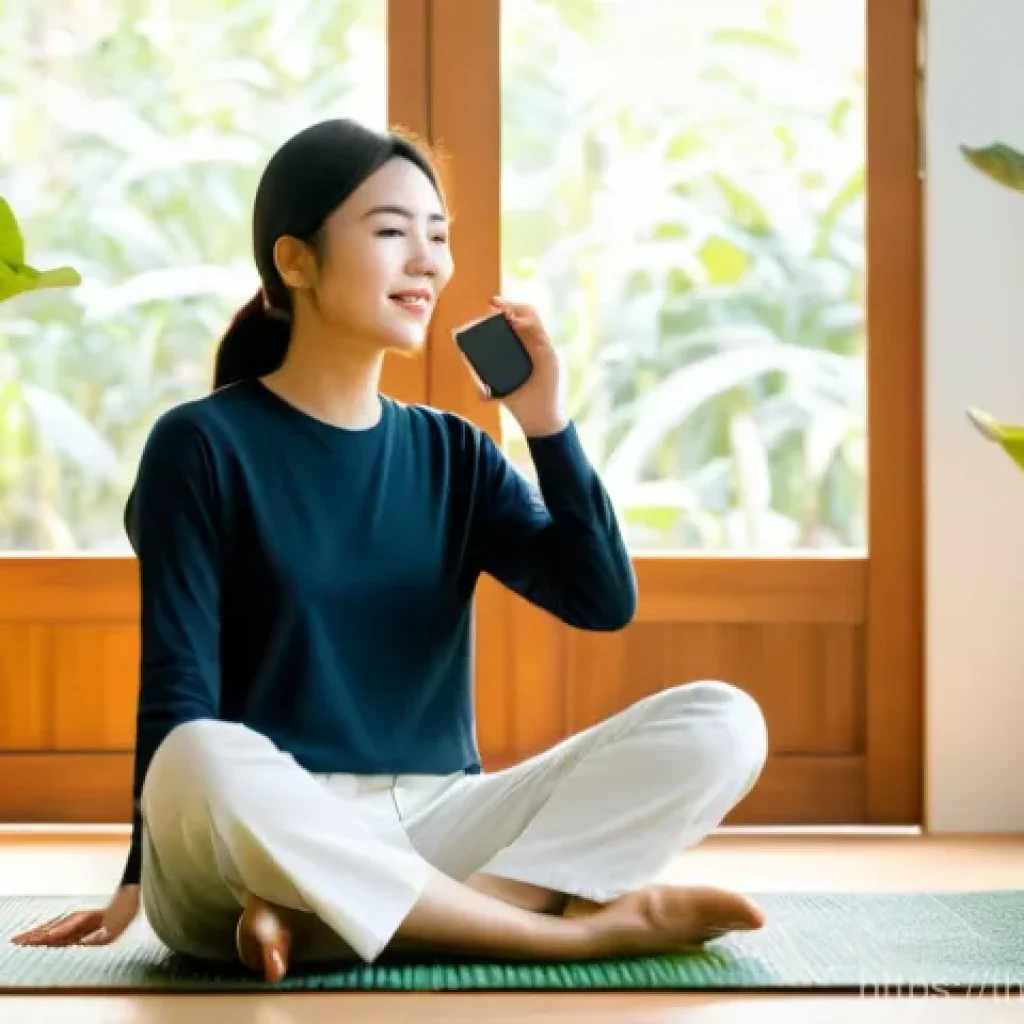 음성 인터페이스의 사용자 경험 향상 방법 - A young Thai woman in her late 20s, wearing a modest, comfortable long-sleeved t-shirt and ankle-len...