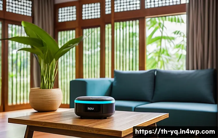 음성 명령의 구조와 설계 방법 - A modern Thai family living room setting where a middle-aged man interacts naturally with a smart vo...