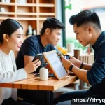 Home 21 모바일 음성 인터페이스 설계의 도전 과제 - A modern Thai urban café scene during daytime, showing diverse Thai people speaking naturally with v...