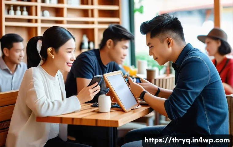 모바일 음성 인터페이스 설계의 도전 과제 - A modern Thai urban caf&eacute; scene during daytime, showing diverse Thai people speaking naturally with v...
