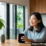 Home 20 음성 인터페이스 설계에서의 혁신적 접근법 - A modern, sleek smart home interior in Bangkok with a middle-aged Thai woman wearing casual clothing...