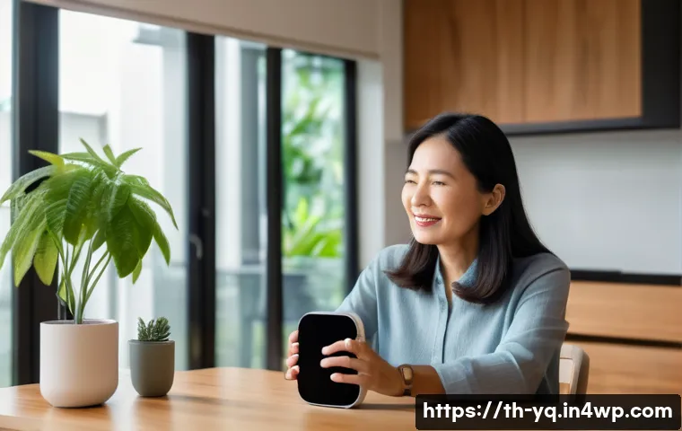 음성 인터페이스 설계에서의 혁신적 접근법 - A modern, sleek smart home interior in Bangkok with a middle-aged Thai woman wearing casual clothing...