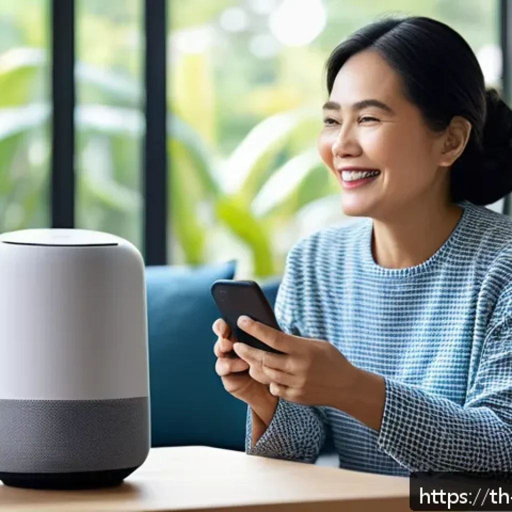 멀티모달 인터페이스와 음성 설계 통합 - A modern smart home living room scene featuring a middle-aged Thai woman comfortably using a voice-a...