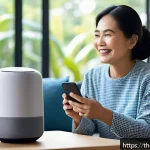 Home 19 멀티모달 인터페이스와 음성 설계 통합 - A modern smart home living room scene featuring a middle-aged Thai woman comfortably using a voice-a...