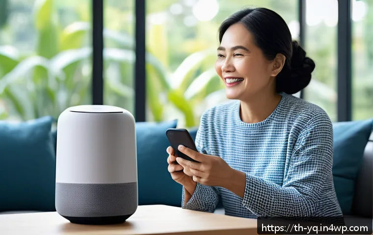 멀티모달 인터페이스와 음성 설계 통합 - A modern smart home living room scene featuring a middle-aged Thai woman comfortably using a voice-a...