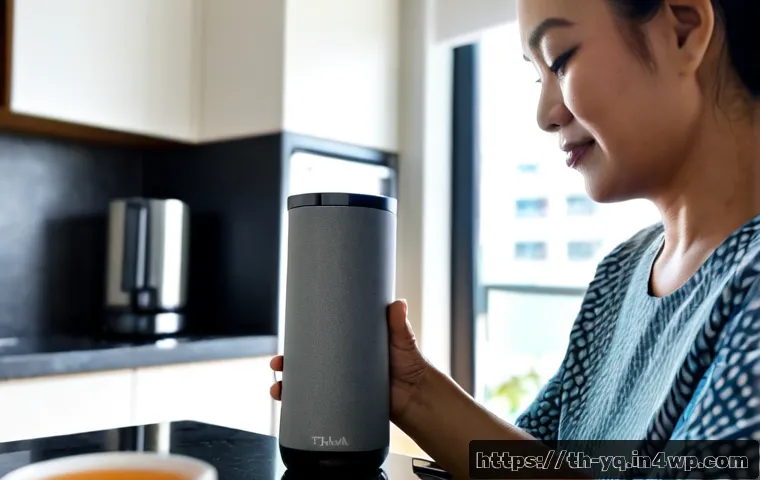 Home 13 음성 인터페이스 설계 시 고려해야 할 요소 - Photorealistic close-up of a Thai woman in her fifties using a smart speaker in a bright modern Bang...